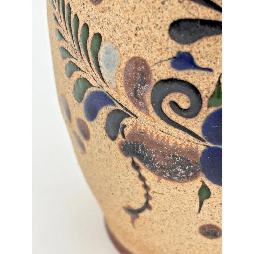 Netzi Tonala Pottery Burnished Clay Vase Hand-Painted Bird Floral Motif‎ Signed